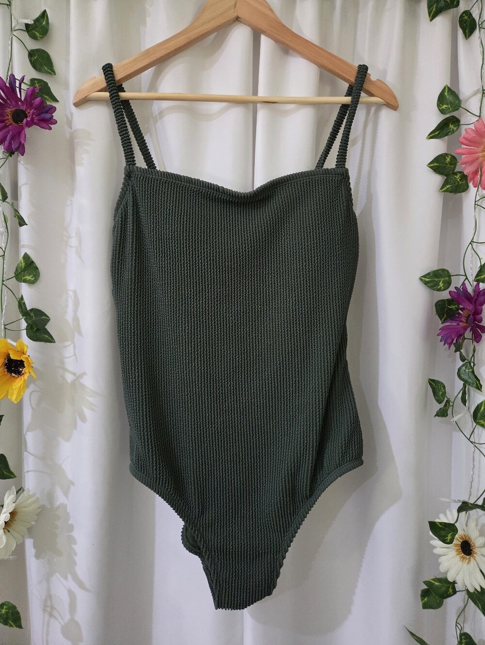 Kona Sol Olive Green Ribbed One-Piece Swimsuit Size L(12-14)
